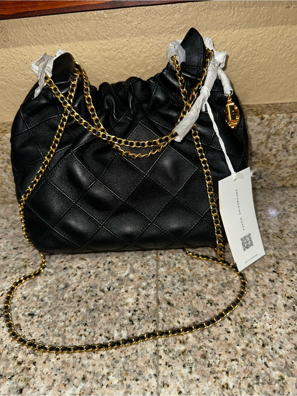 Tory Burch Black Quilted Shoulder Bag with Gold Chain mini Fleming